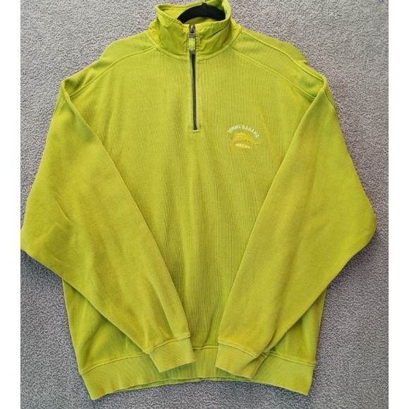 Tommy Bahama Relax Quarter Zip Sweater Green Cotton Pullover Men XL Y2K
